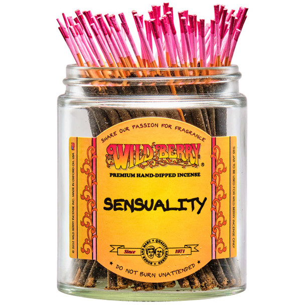 100 Sensuality-scented Wild Berry Shorties Incense Sticks in a labeled jar with their signature pink-colored sticks with red tips emerging at the top.