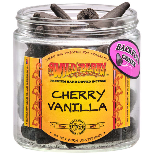 25 cones of Wild Berry Cherry Vanilla Backflow Incense Cones in a labeled jar.