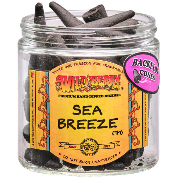 25 cones of Wild Berry Sea Breeze Backflow Incense Cones in a labeled jar.