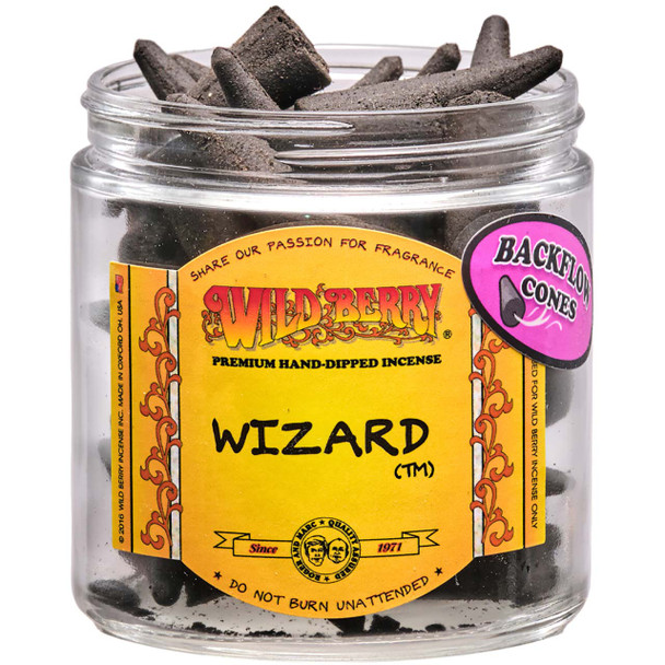 25 cones of Wild Berry Wizard Backflow Incense Cones in a labeled jar.