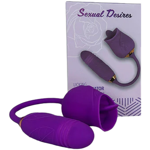 Licking Rose Toy with Thrusting Tail - Purple next to its box.