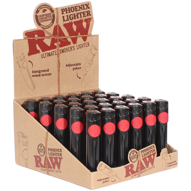 Open display box containing 30 RAW Phoenix Lighters.