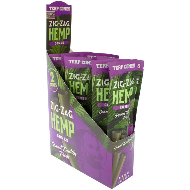Buy Zig-Zag Terpene Infused Hemp Cones wholesale and get a display case like this, shown here open to reveal 15 packs of Zig-Zag Grand Daddy Purp Terp Hemp Cones.