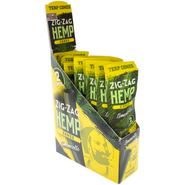 Buy Zig-Zag Terpene Infused Hemp Cones wholesale and get a display case like this, shown here open to reveal 15 packs of Zig-Zag Limoncello Terp Hemp Cones.