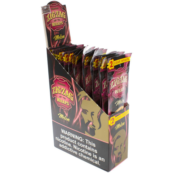 Angled view of an open Zig-Zag Melon Wraps display box.