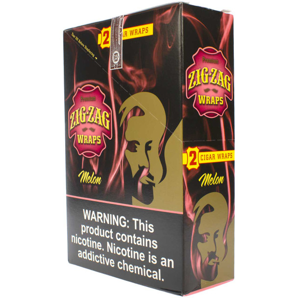 A closed display box of Zig-Zag Melon Blunt Wraps.