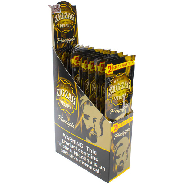 Angled view of an open Zig-Zag Pineapple Wraps display box with 25 individual pouches inside.