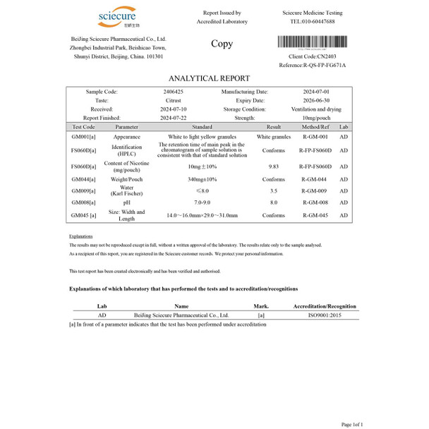 Tyson 2.0 Nic Pouches - Citrus Hook, 10 mg analytic report.