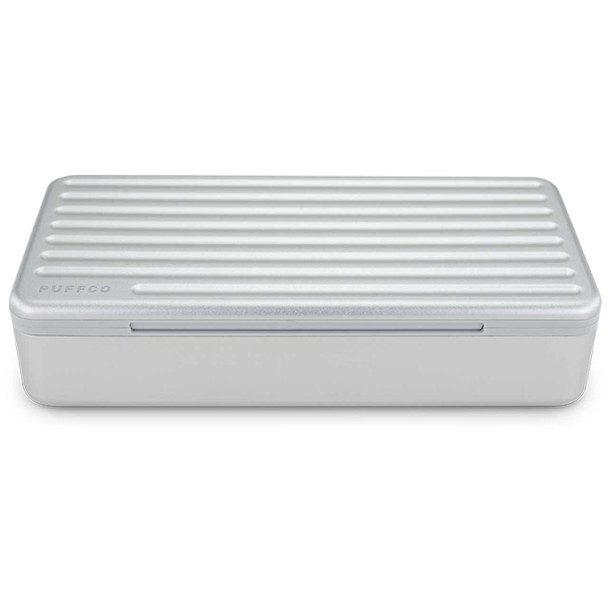 Front view of this aluminum hard shell Puffco Travel Case.