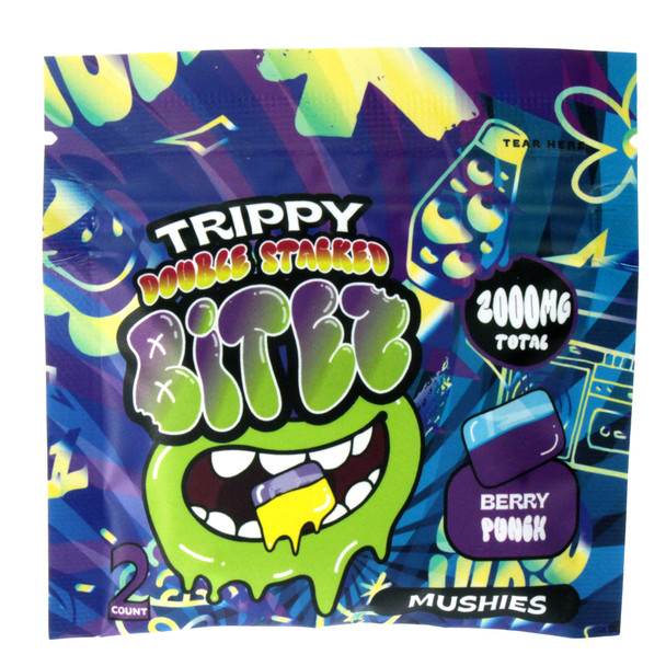 Trippy Double Stacked Bitez Mushies mushroom gummies in Berry Punch and Lemon Lime flavors with colorful collectible packaging lab tested  package by itself