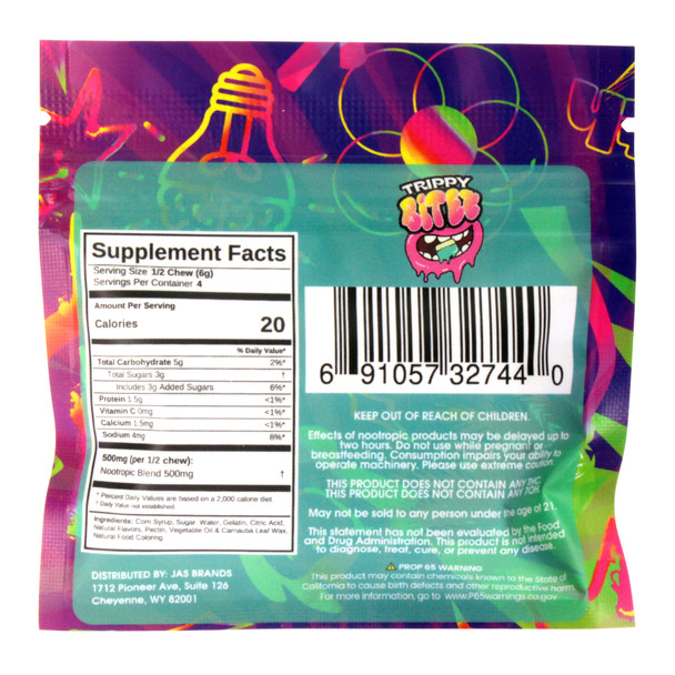 Trippy Double Stacked Bitez Mushies mushroom gummies edibles in Blackberry watermelon or peach ringz flavors with colorful collectible packaging display box with packages back with nutrition facts 