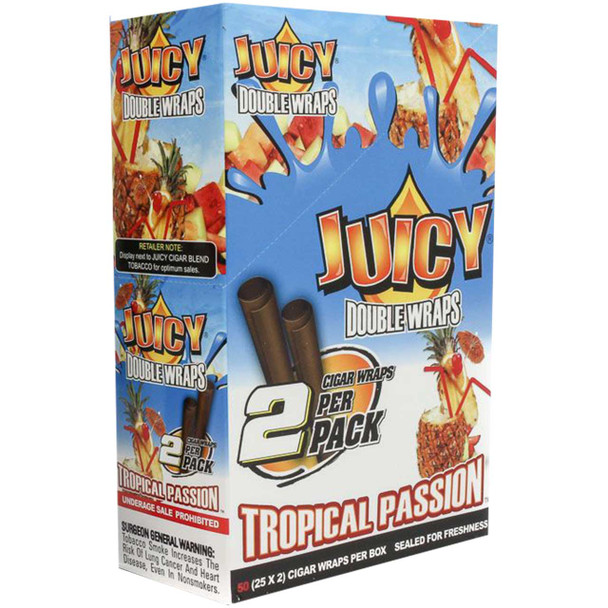 Unopened retail display box of Juicy Double Wraps in Tropical Passion flavor, photographed at a quarter angle with bold, colorful packaging.