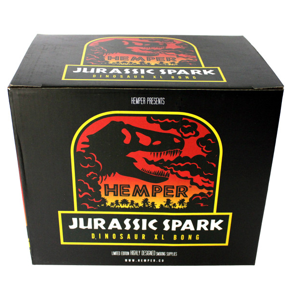 Hemper Jurassic Spark XL dinosaur bong 7 inch frosted glass water pipe amber circle perc branded bowl with hook and themed artwork box front of box