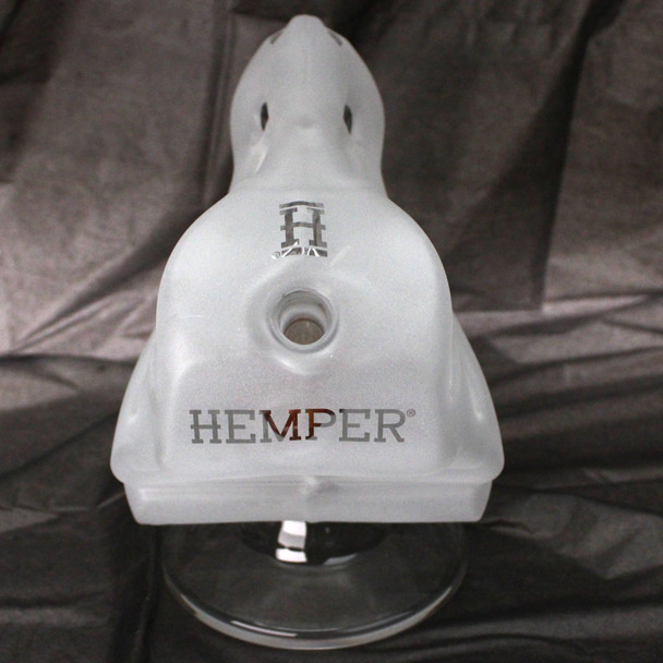 Hemper Jurassic Spark XL dinosaur bong 7 inch frosted glass water pipe amber circle perc branded bowl with hook and themed artwork box back black background