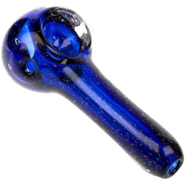 Angled view of Glass Headz! 3.5" Full Dichroic Spoon Pipe with deep cobalt blue, color-shifting sparkle