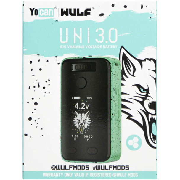 Retail packaging for Wulf Mods UNI 3.0 Universal Variable Voltage Battery – Teal-Black Spatter color, front of box