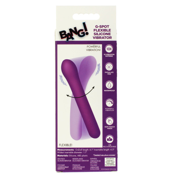 Back of Bang! G-Spot Flexible Silicone Vibrator packaging showing measurements and specifications