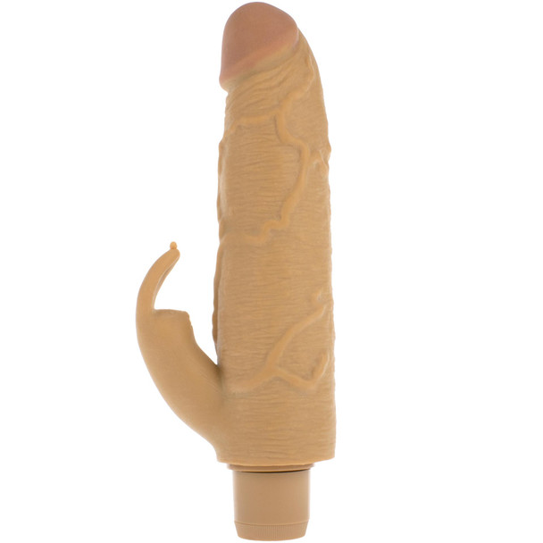 Side view of realistic rabbit vibrator showing thick shaft and flexible clitoral stimulator
