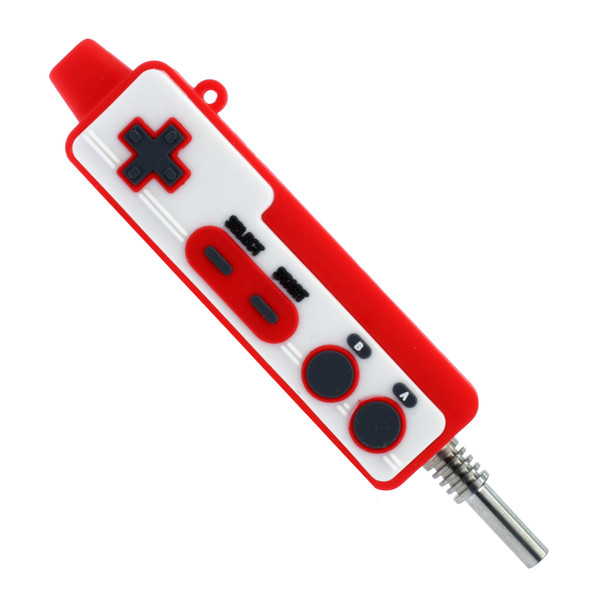 Red controller-style silicone nectar collector with titanium tip shown from the front