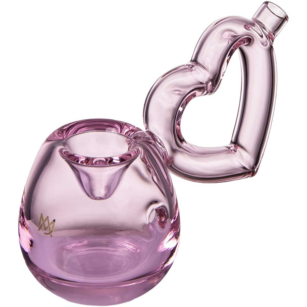 Angled view of MJ Arsenal Love Handle Hand Pipe showing heart-shaped handle and rounded glass body