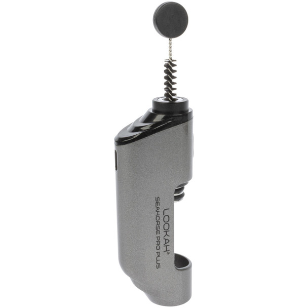Lookah Seahorse Pro Plus gray electric dab straw with cleaning brush inserted into airflow path