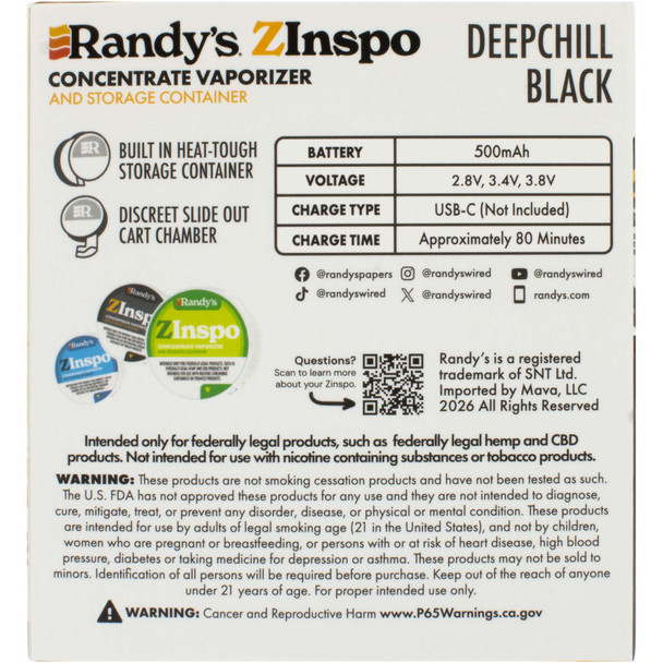 Back retail packaging image of the Randy’s ZInspo Concealed 510 Cartridge Vaporizer with Stash Compartment – Deepchill Black