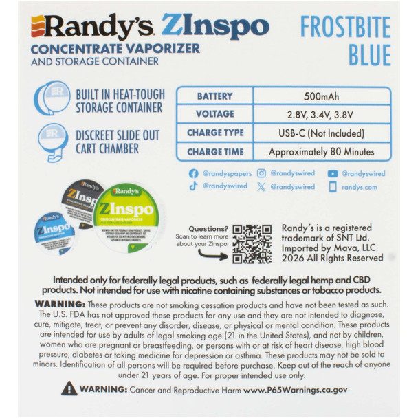 Back packaging of the Randy’s ZInspo Concealed 510 Cartridge Vaporizer with Stash Compartment – Frostbite Blue