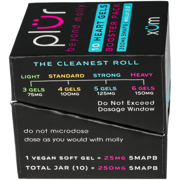 Side image of a box of PLÜR Booster Pack - 10 Booster Soft Gels