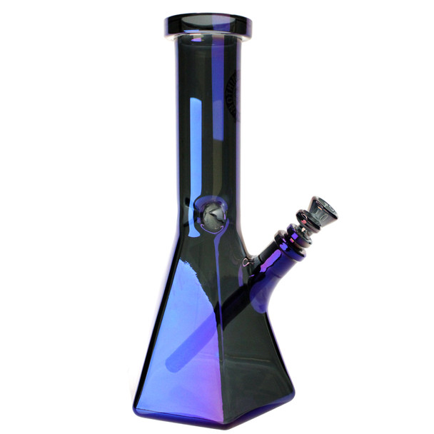 Nothing's Impossible 12-inch iridescent thick glass beaker bong with diamond flare base, matching iridescent downstem, 14mm bowl, and ice pinch  side.