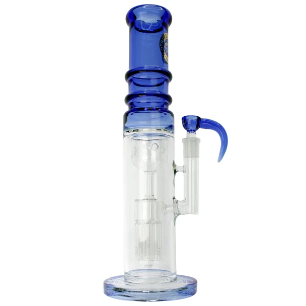 14-inch thick glass bong with 8-arm tree perc, green accents and gold leaf branding main