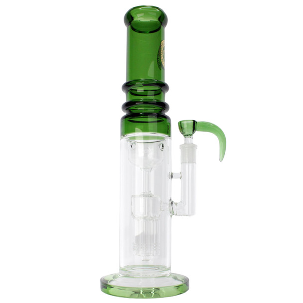 14-inch thick glass bong with 7-arm tree perc, green accents and gold leaf branding