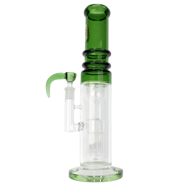 14-inch thick glass bong with 7-arm tree perc, green accents and gold leaf branding side