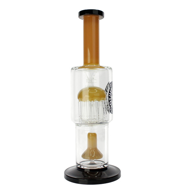 Dual percolator glass water pipe with 10-arm tree perc, showerhead perc, green accents, and removable 14mm glass bowl bong dab rig