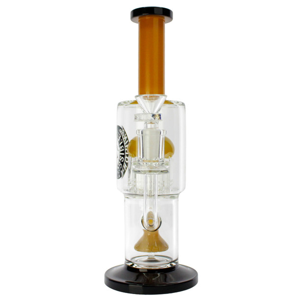 Dual percolator glass water pipe with 10-arm tree perc, showerhead perc, green accents, and removable 14mm glass bowl bong dab rig