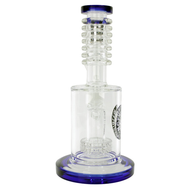 8.5 inch thick glass water pipe with matrix perc ribbed neck and blue accents with 18mm bowl close up of flower bowl back view.