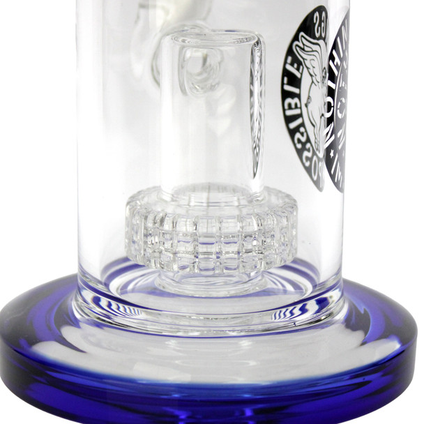 8.5 inch thick glass water pipe with matrix perc ribbed neck and blue accents with 18mm bowl close up of matrix perc.