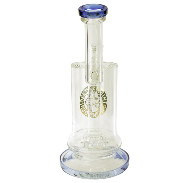 10 inch heavy duty thick glass bong with barrel perc and blue accents back.