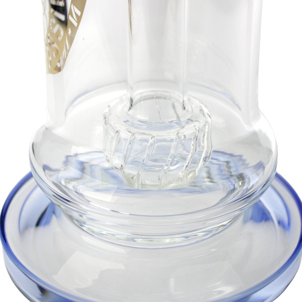 10 inch heavy duty thick glass bong with barrel perc and blue accents close up.