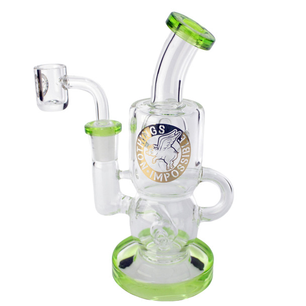 6.5 inch mini recycler dab rig with ball uptake, ball perc and 14mm gold leaf quartz banger main.