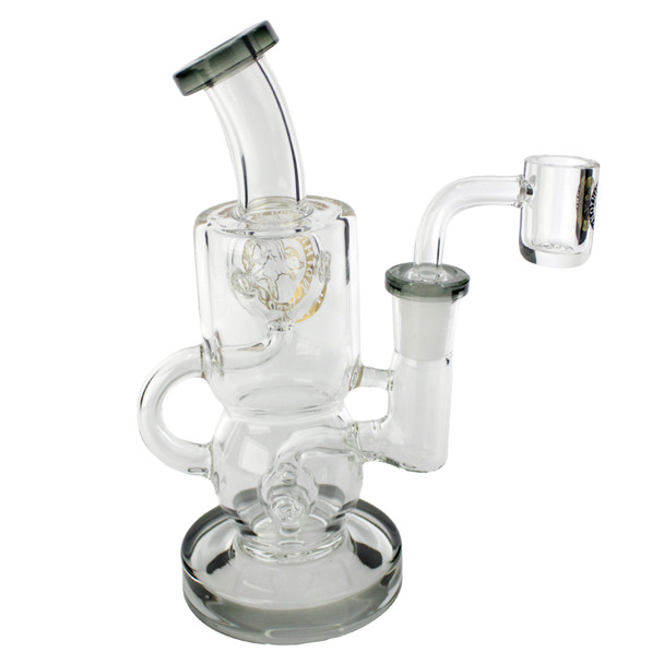 6.5 inch mini recycler dab rig with ball uptake, ball perc and 14mm gold leaf quartz banger side.
