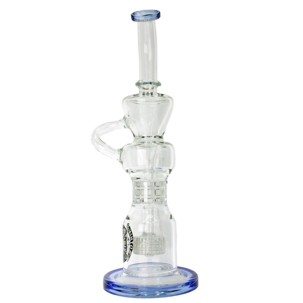 13 inch Flying Pig branded recycler water pipe with blue accents matrix perc and 14mm bowl with thumb grip full back