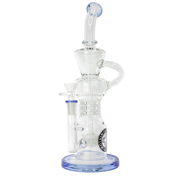 13 inch Flying Pig branded recycler water pipe with blue accents matrix perc and 14mm bowl with thumb grip front with bowl
