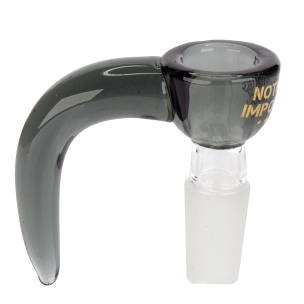 Flying Pig 8-inch black glass water pipe with matching Flying Pig hook bowl, smoke gray borosilicate glass, and sturdy wide base, side view of bowl.