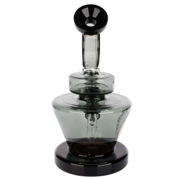 Flying Pig 8-inch black glass water pipe with matching Flying Pig hook bowl, smoke gray borosilicate glass, and sturdy wide base, back view.
