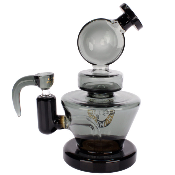 Flying Pig 8-inch black glass water pipe with matching Flying Pig hook bowl, smoke gray borosilicate glass, and sturdy wide base, other side  view.