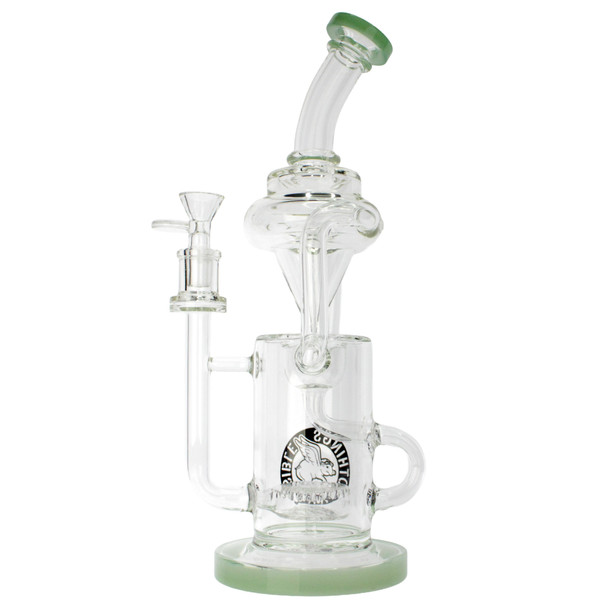 12.5 inch Nothing's Impossible thick glass recycler bong with puck perc and green accents side.