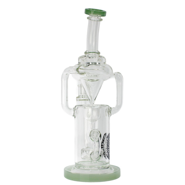 12.5 inch Nothing's Impossible thick glass recycler bong with puck perc and green accents back.