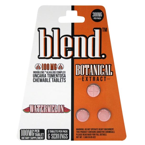 Blend Cat's Claw Uncaria tomentosa botanical extract chewable tablets, watermelon flavor, 100mg each, 3 tablets per pack, 300mg total front of package