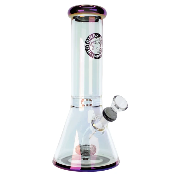 Nothing's Impossible electroplated iridescent beaker bong with thick borosilicate glass, built-in downstem percolator, bullet-hole ice pinch, and removable 14mm herb bowl