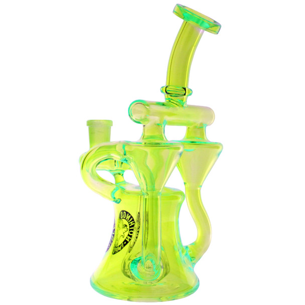 Flying Pig 8.5-inch neon green UV black light reactive double recycler glass water pipe with 14mm male bowl, convertible to a dab rig with a 14mm male quartz banger right side view